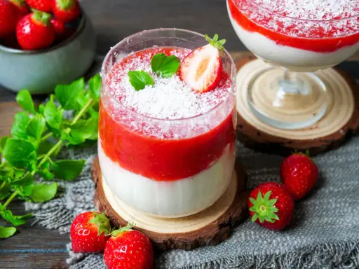 Zwei leckere eistörtchen mit Erdbeeren und Kokosraspeln, garniert mit Minze und frischen Erdbeeren.