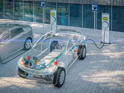 Esquema de coche eléctrico en carga, mostrando su interior y la batería, un paso clave para el reciclaje de baterías.