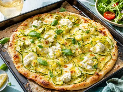 Délicieuse pizza courgette, ricotta et basilic, garnie de zeste de citron, sur une plaque de cuisson.