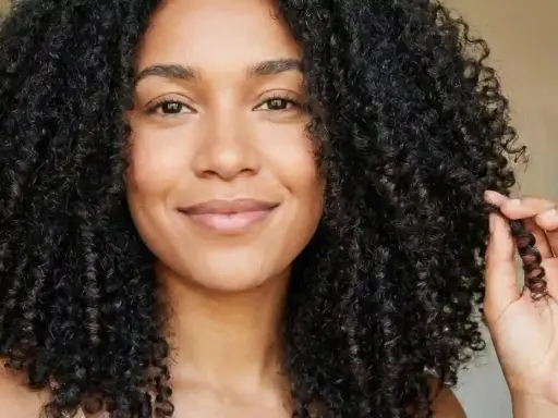 Une femme aux cheveux bouclés et brillants, elle joue avec une mèche formant un joli noeud boucle.