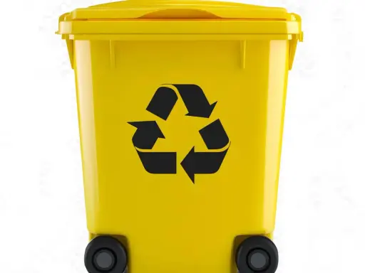 Żółty kosz na śmieci z symbolem recyklingu. Pamiętaj o segregacji, by ułatwić recykling aluminium.