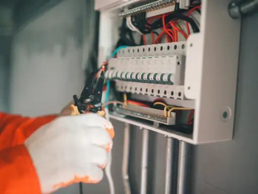 Elektryk w białych rękawicach manipuluje przewodami w skrzynce z bezpiecznikami. Wybija bezpiecznik bez obciążenia, co może sugerować problem.