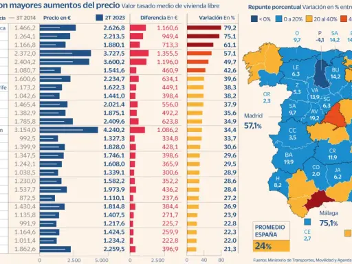 El gráfico muestra el precio medio de la vivienda libre en España, indicando que una casa promedio en España tiene unos 24% de aumento en el valor tasado.