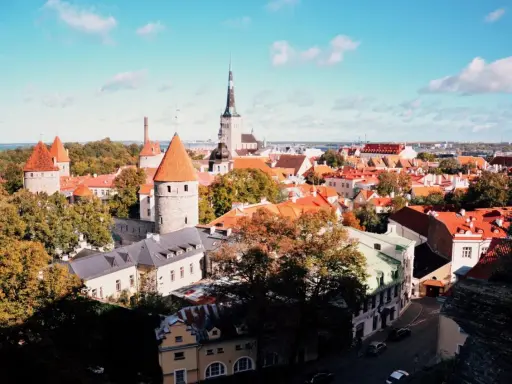 Widok na zabytkowe wieże i czerwone dachy Starego Miasta w Tallinnie. Idealne miejsce, by odkryć, co w Tallinnie warto zobaczyć.