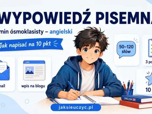 Chłopiec uczy się pisać na 10 pkt z egzaminu ósmoklasisty z angielskiego. Poznaj formaty: e-mail, wpis na blogu, 50-120 słów, 3 podpunkty.