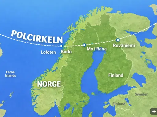 Karta över norra Europa som visar hur polcirkeln flyttar sig över Norge och Finland, med städer som Bodö och Rovaniemi markerade.