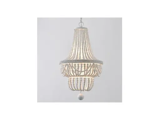 Elegancka lampa wisząca, której klosz tworzą białe koraliki ułożone w dwa poziomy.
