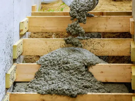 Vertido de hormigón fresco en el armado de una escalera de madera.