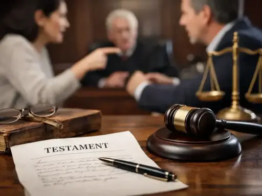 Sąd rozpatruje ostatnią wolę zmarłego. Na stole dokument testamentu, młotek sędziowski, waga sprawiedliwości i okulary.