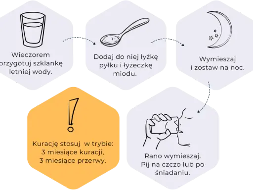 Jak stosować pyłek kwiatowy: wieczorem przygotuj wodę, dodaj pyłek i miód, wymieszaj, zostaw na noc. Rano wypij. Stosuj 3 miesiące kuracji, 3 miesiące przerwy.