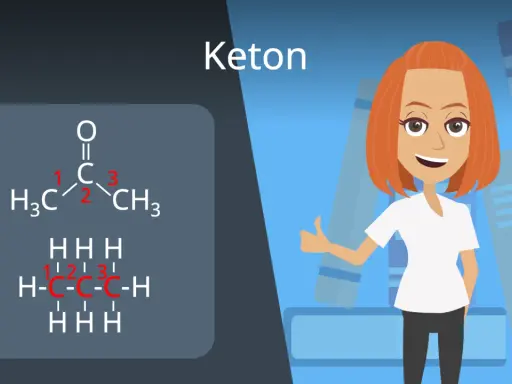 Chemische Formel für Keton (Aceton) mit nummerierten Kohlenstoffatomen. Eine lächelnde Frau gibt Daumen hoch.