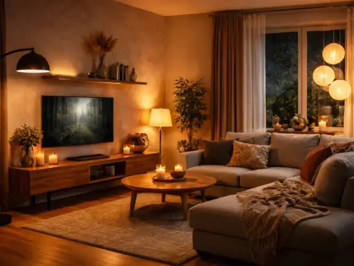 Przytulne oświetlenie w salonie tworzy ciepłą atmosferę. Miękki blask lamp i świec podkreśla komfortowy wypoczynek.