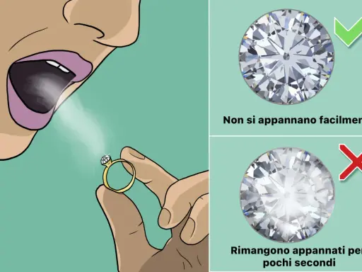 Test per verificare se i diamanti veri si appannano. Un soffio d'aria su un anello con diamante.