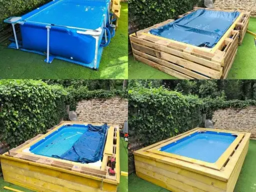 Proceso de forrar piscina desmontable con madera. Se muestra la piscina inicial, la estructura de palets, y el acabado final con madera.
