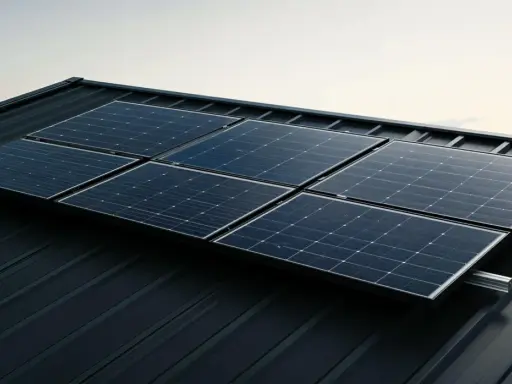 Sju solpaneler, var och en med en storlek på solpanel 400w, monterade på ett mörkt plåttak.