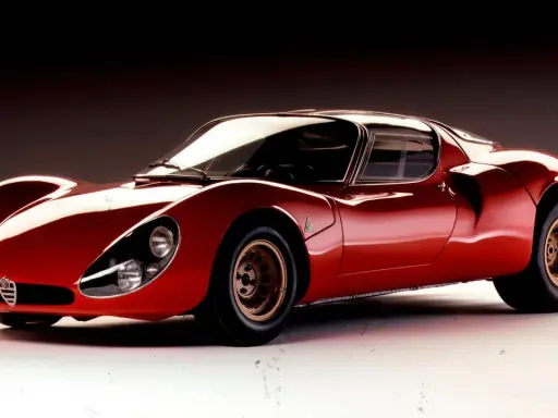 Roter Alfa Romeo 33 Stradale, ein Traumauto. Der Alfa Romeo 33 Stradale Preis ist hoch, aber die Schönheit unbezahlbar.