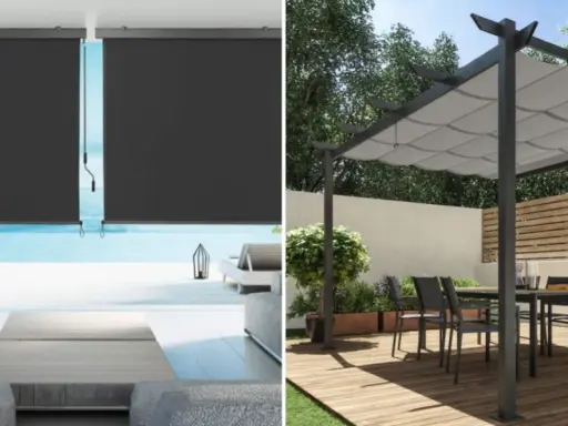 Persianas enrollables y pérgola con toldo: dos ideas para dar sombra en un patio, creando espacios acogedores y funcionales.