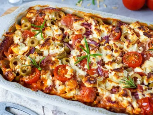 Herzhafte Auflauf-Idee: Gebackener Feta mit Tomaten, Oliven und Rosmarin. Perfekt für leckere feta rezepte.