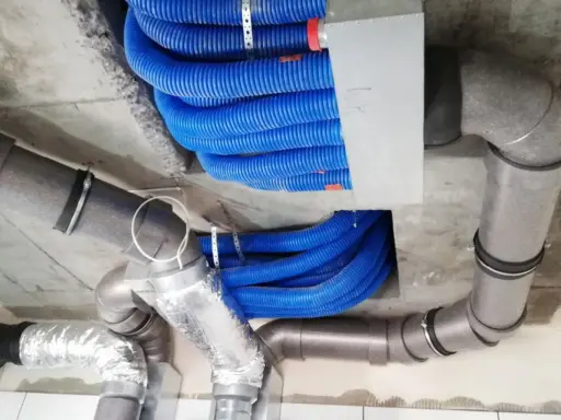 Instalacja rekuperacji w starym domu: niebieskie przewody wentylacyjne i szare rury izolowane, zamontowane pod sufitem.