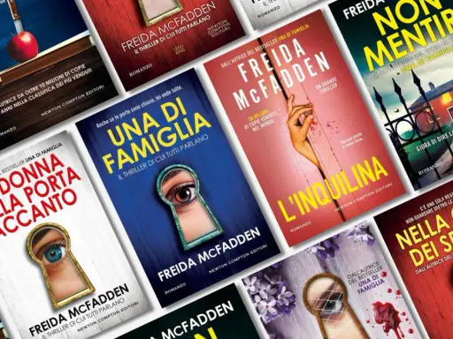 Copertine di thriller di Freida McFadden: "Una di famiglia", "L'inquilina", "Nella casa dei segreti" e altri.