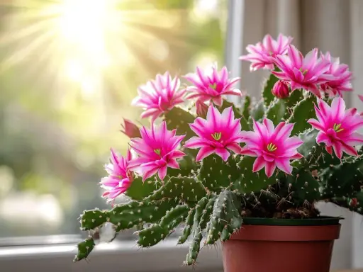 Un cactus de Noël en pleine floraison rose vif, baigné de soleil. Un bel exemple de cactus de Noël entretien réussi.