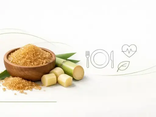 Cukier trzcinowy w misce i kawałki trzciny cukrowej. Czy cukrzyk może używać cukier trzcinowy? Ikony posiłku, serca i liścia sugerują zdrową dietę.