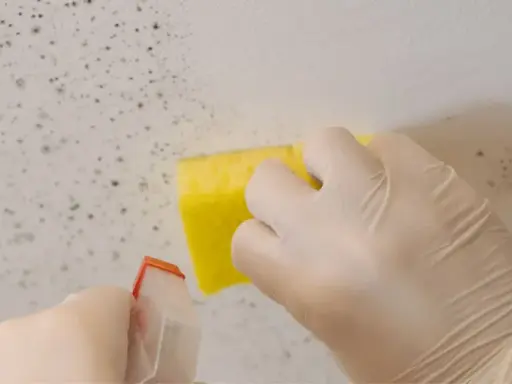Mani guantate spruzzano un prodotto su un muro ammuffito e lo puliscono con una spugna gialla. Ecco come togliere la muffa dai muri.