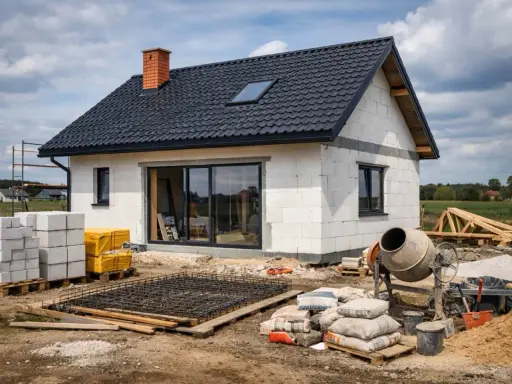 Budowa domu w toku: bloczki, cement, zbrojenie i betoniarka. Zastanawiasz się, ile kosztuje pozwolenie na budowę?