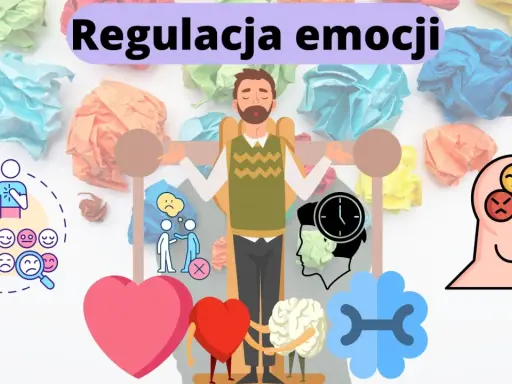 Ilustracja pokazuje, jak emocje wpływają na życie człowieka, od radości do smutku. Centralna postać medytuje, otoczona symbolami emocji i procesów umysłowych.