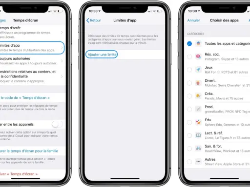 Trois écrans d'iPhone montrant les réglages de l'application "Temps d'écran", permettant de gérer les limites d'utilisation des applications.