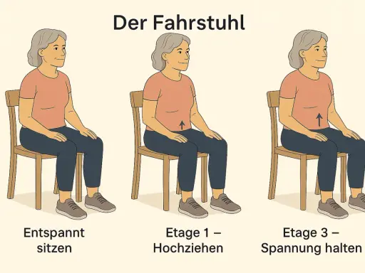 Frau übt Beckenbodentraining im Sitzen: entspannt, hochziehen, Spannung halten.