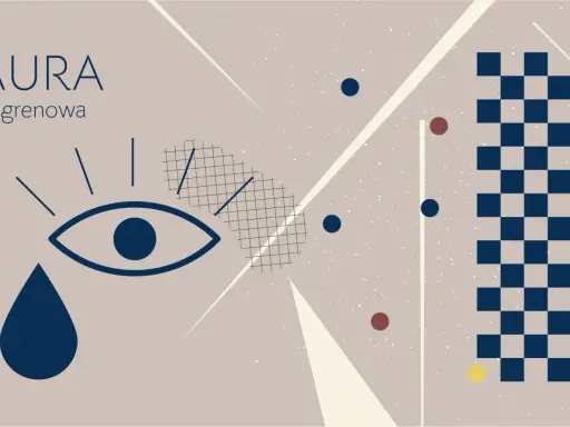Abstrakcyjny obraz z okiem i łzą, symbolizujący migrenę z aurą. Tekst "AURA migrenowa" podkreśla temat.