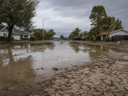 Rue résidentielle inondée, avec des maisons et des voitures. Le sol craquelé suggère une sécheresse suivie d'une forte pluie. Suis-je en zone inondable ?