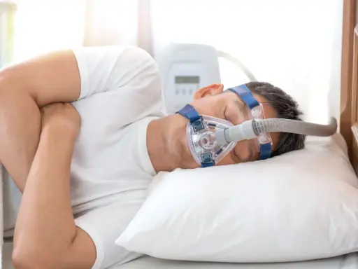 Mężczyzna śpi z maską CPAP, która pomaga mu oddychać podczas snu, łagodząc objawy bezdechu nocnego.