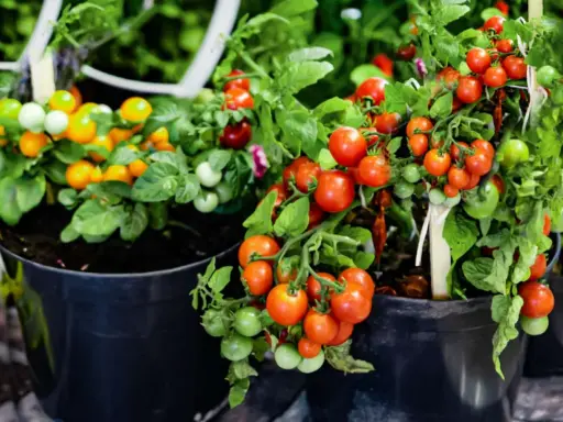 Pots overflowing with ripe red and green tomatoes, showcasing how to grow tomatoes in pots for a bountiful harvest.