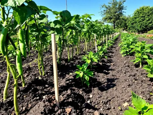 Légumes en rangs, poivrons verts pendant. Idéal pour savoir quels légumes planter en juillet août.