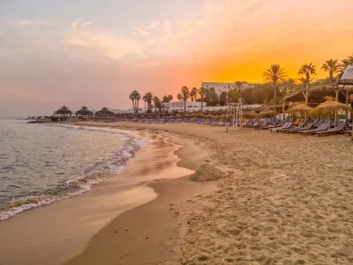 Strand in Tunesien im Oktober: Sanfte Wellen, Palmen und Liegestühle unter einem warmen Sonnenuntergang. Perfektes Wetter für einen entspannten Urlaub.