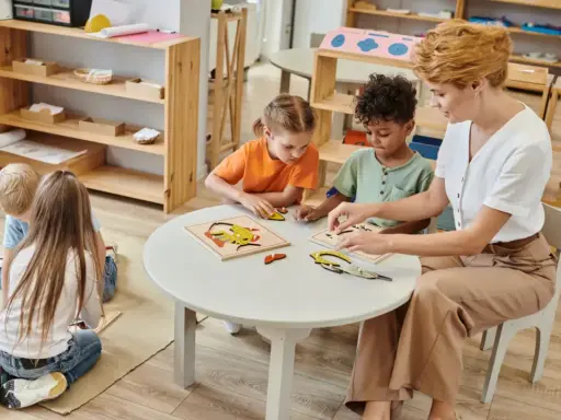 Maestra ayuda a niños de 3-4 años con rompecabezas, abordando posibles problemas de conducta con paciencia y actividades educativas.