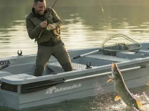 Pêcheur joyeux dans une barque, un brochet saute hors de l'eau. L'image évoque l'idée de fabriquer un poids pour barque, essentiel pour la stabilité lors de telles prises.