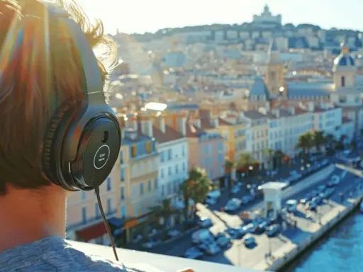Personne avec des écouteurs, profitant de la musique persane face à une ville ensoleillée.