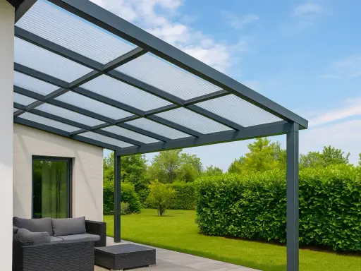 Pergola en polycarbonate moderne, offrant un espace extérieur agréable. Avis positifs sur sa durabilité et son esthétique.