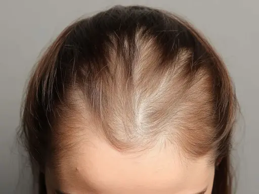 Chevelure clairsemée, signe possible de perte de cheveux carence. Le cuir chevelu est visible par endroits.