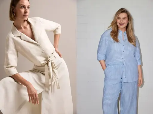 Zwei Frauen in Leinen-Outfits. Leinen vorteile: atmungsaktiv, kühlend. Nachteile: knittert leicht.