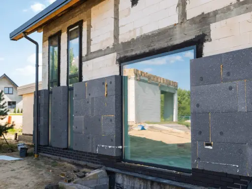 Panneaux de polystyrène gris fixés sur le mur d'une maison en construction, étape de l'isolation par l'extérieur.