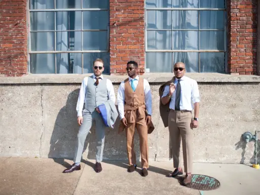 Three men in stylish suits embody cocktail chic attire. One wears a grey pinstripe suit, another a tan suit with a turquoise tie, and the third a light blue shirt with tan trousers.