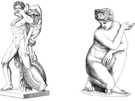 Zwei antike Skulpturen: ein Mann, der ein Kind trägt, und eine kniende Frau. Der Mann könnte Achilles, der Gott, sein.