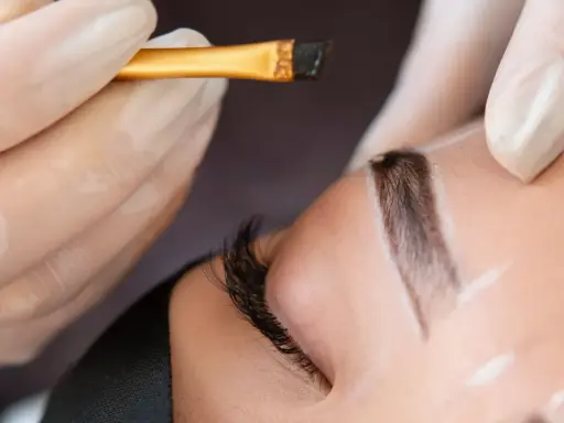 Application d'une teinture sourcils en institut. Un pinceau fin dépose la couleur sur un sourcil soigneusement dessiné.