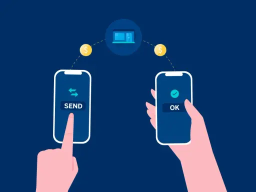 Manos intercambiando dinero digitalmente. Una pantalla muestra "SEND", la otra "OK". ¿Cuanto tarda una transferencia?