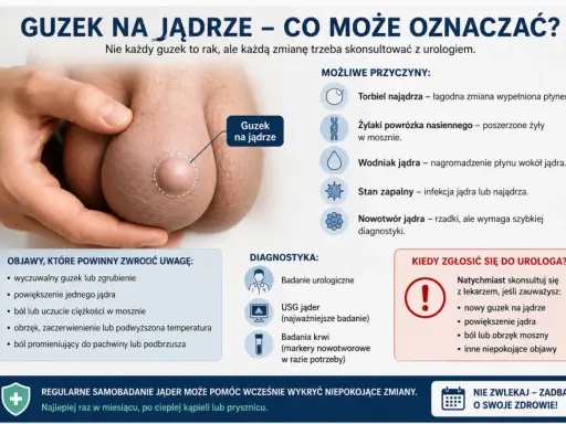 Powiększone i twarde jądro z wyczuwalnym guzem. Obraz przedstawia powiększone jądro z widocznym guzem, podkreślając potrzebę konsultacji urologicznej.