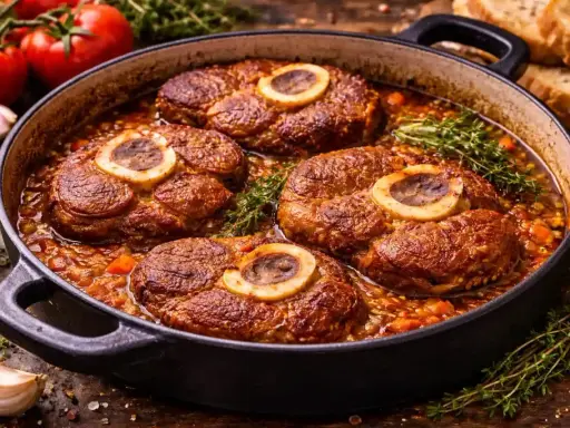 Cuatro rodajas de osobuco cocinándose en una cazuela con verduras y hierbas. El tuétano asoma en el centro de cada corte, revelando de donde sale el osobuco.